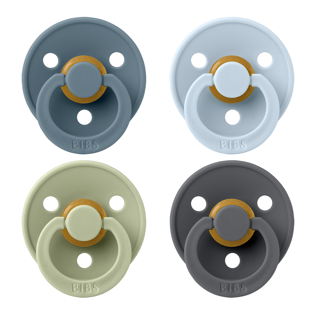BIBS Color rund napp storlek 2, latex – Petrol/Sage/Baby Blue (4-pack) - MamaMilla