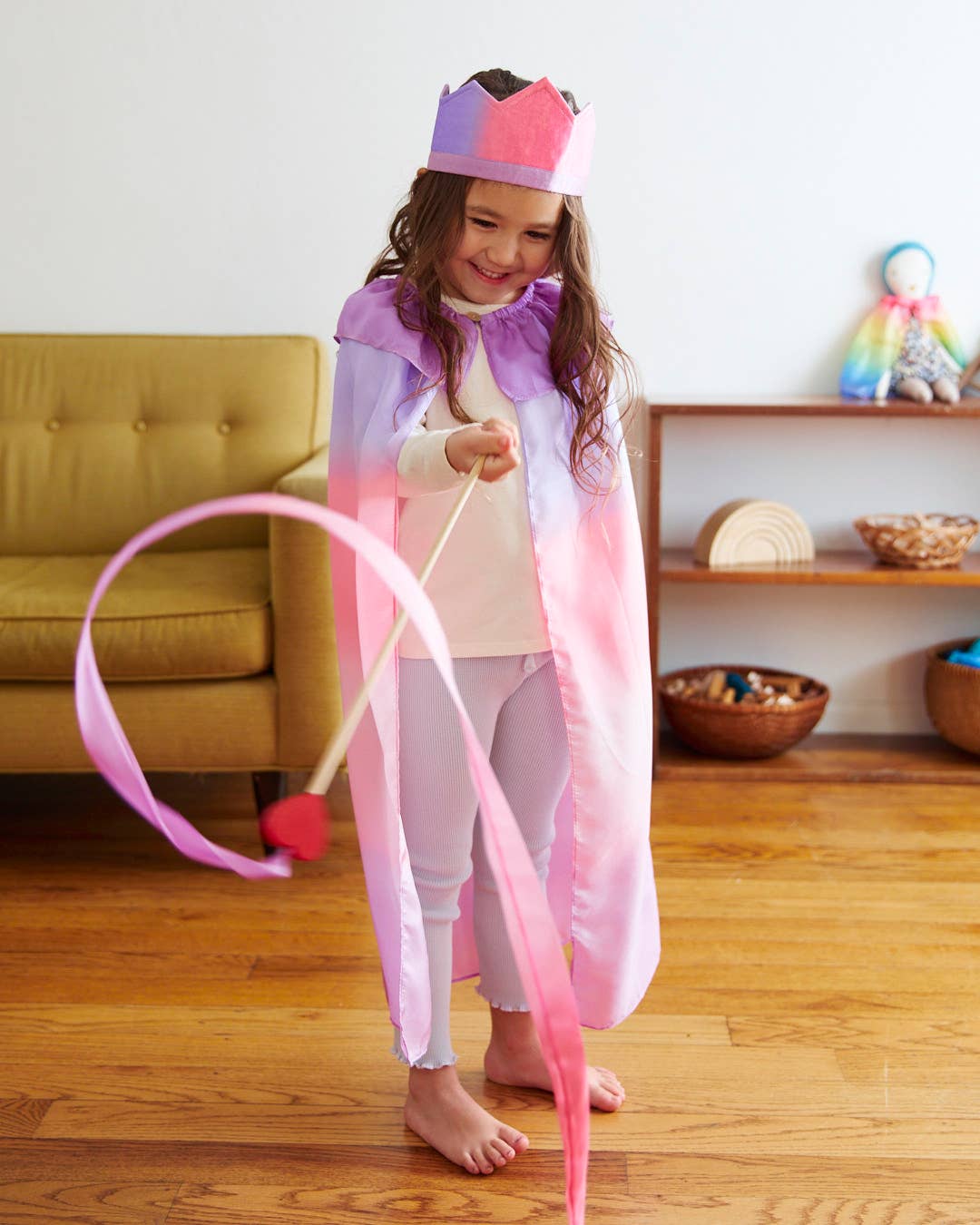 Sarahs Silk Pink &amp; Purple Silk &amp; Wood Streamer - Wand for Pretend Play - - MamaMilla
